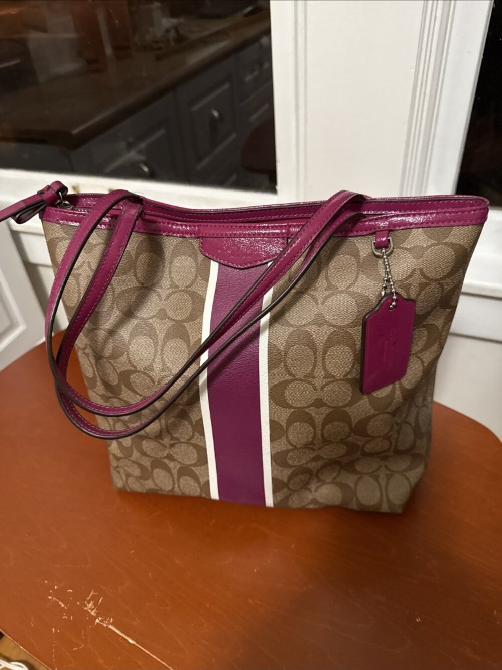 Y2K Coach Tan and Brown Signature Jacquard Pink Stripe Tote Bag Purse